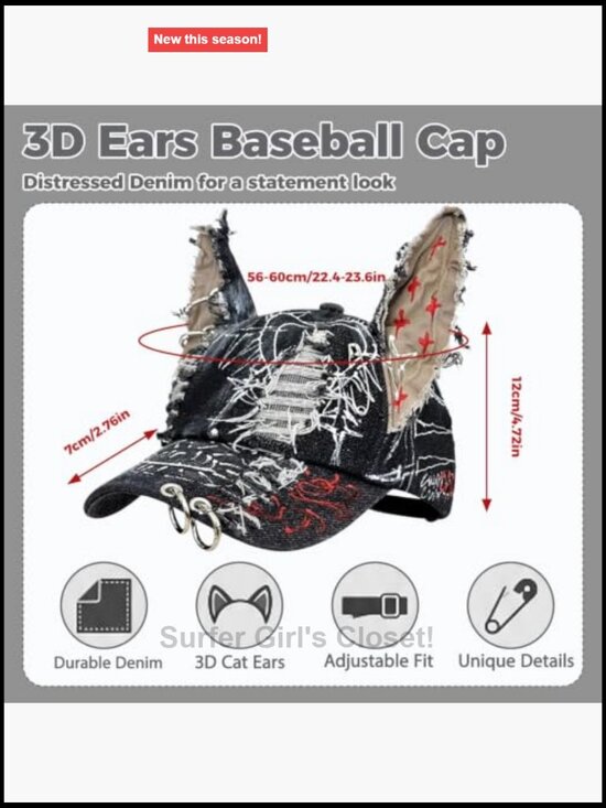 Y2K Cat Ear Denim Baseball Cap Punk Grunge Emo Women Men Distressed Graphic